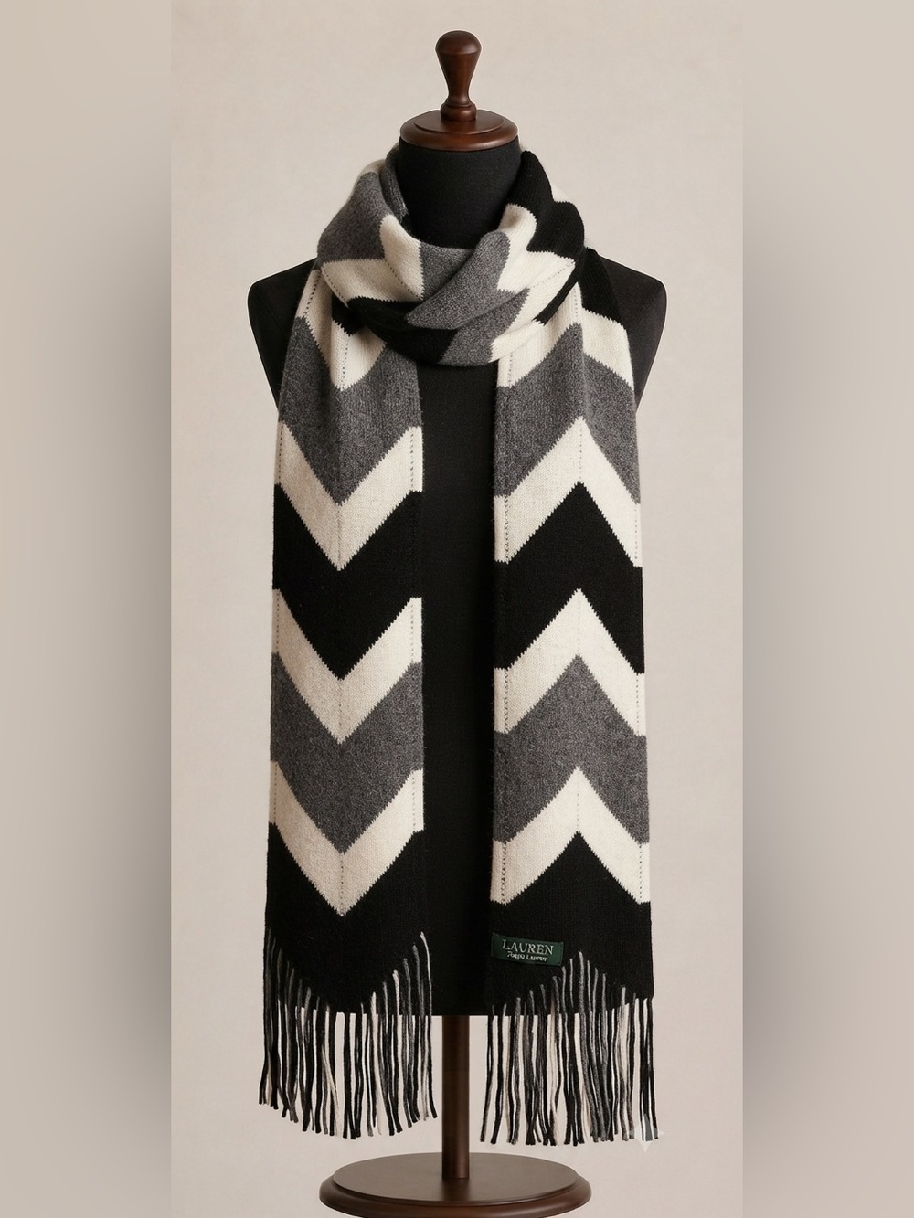 LAUREREN Ralph Lauren Extra Long Wool Chevron Knit Scarf with Fringe